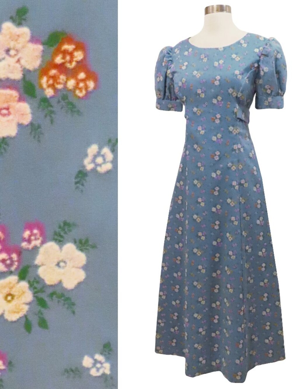 Vintage 70s Blue Flocked Floral Empire Puff Sleeve Hippie Boho Maxi Dress S